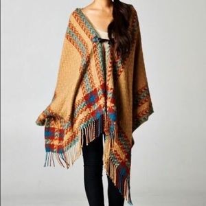 Plaid Knit Hooded Poncho